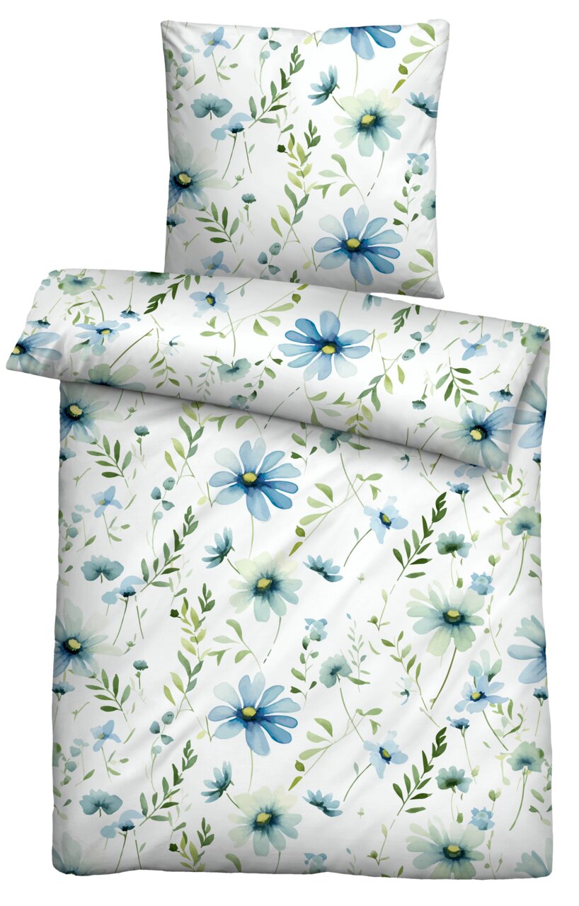 Bettwäsche-Set mit floralem Muster in Blau- und Grüntönen, Draufsicht