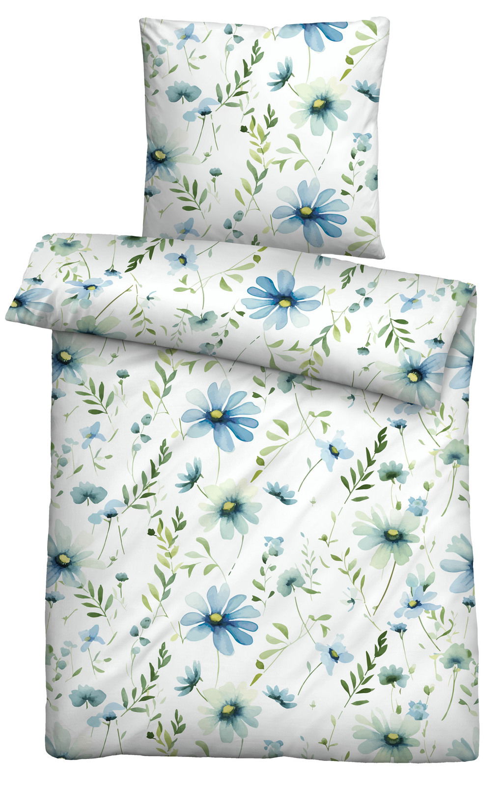 Bettwäsche-Set mit floralem Muster in Blau- und Grüntönen, Draufsicht