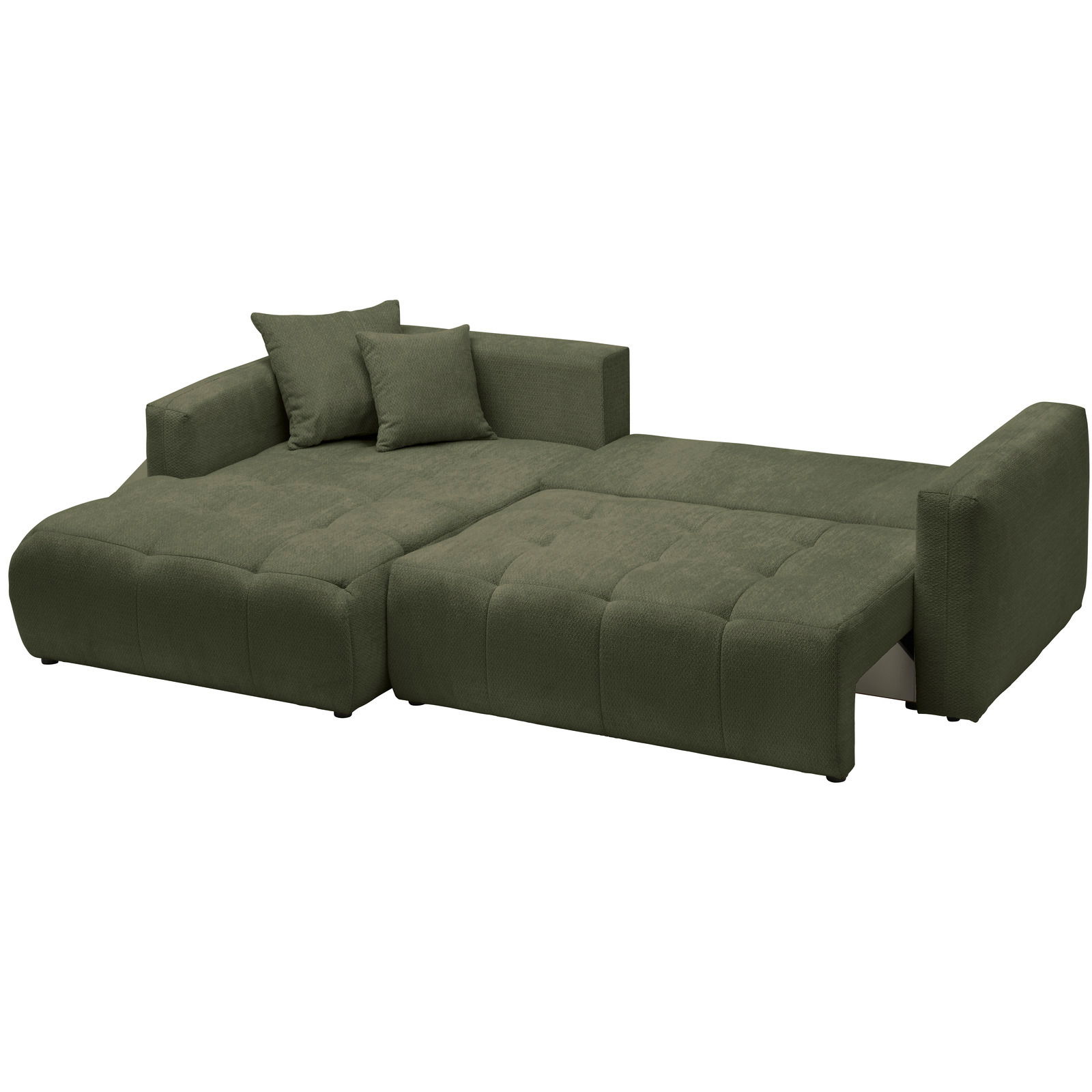 Grünes Ecksofa mit zwei Kissen, aus der Perspektive von vorne links betrachtet.