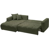 Grünes Ecksofa mit zwei Kissen, aus der Perspektive von vorne links betrachtet.