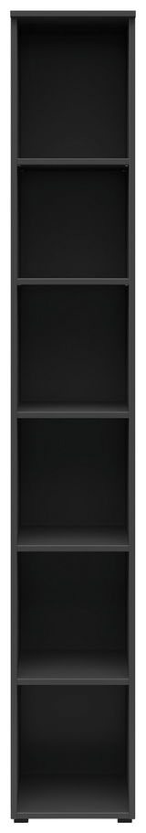 Schwarzes Regal mit fünf offenen Fächern, frontale Ansicht