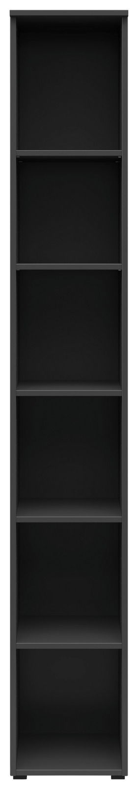 Schwarzes Regal mit fünf offenen Fächern, frontale Ansicht