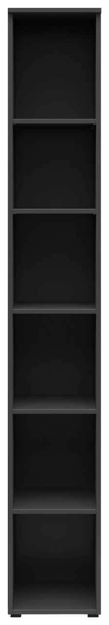 Schwarzes Regal mit fünf offenen Fächern, frontale Ansicht