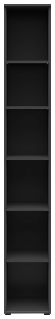 Schwarzes Regal mit fünf offenen Fächern, frontale Ansicht