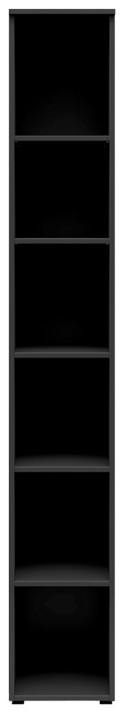 Schwarzes Regal mit fünf offenen Fächern, frontale Ansicht