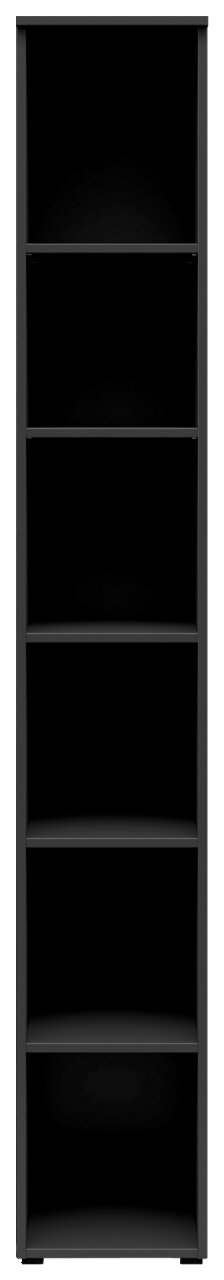Schwarzes Regal mit fünf offenen Fächern, frontale Ansicht