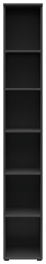 Schwarzes Regal mit fünf offenen Fächern, frontale Ansicht