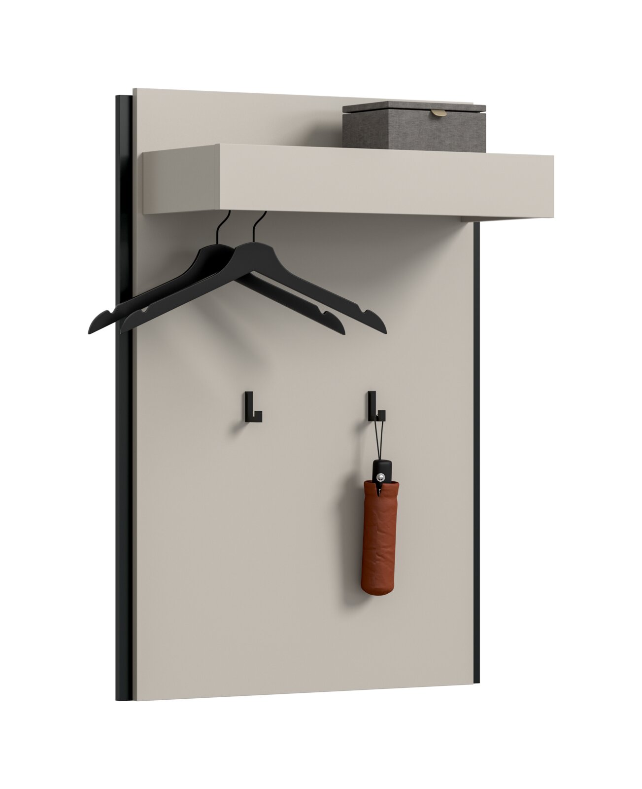 MID.YOU Paneel EMIL Moderne Wandgarderobe mit beigem Paneel und schwarzem Rahmen, weißer Ablage, Kleiderbügeln und Haken mit hängendem Schirm; perspektivische Ansicht von schräg vorne.