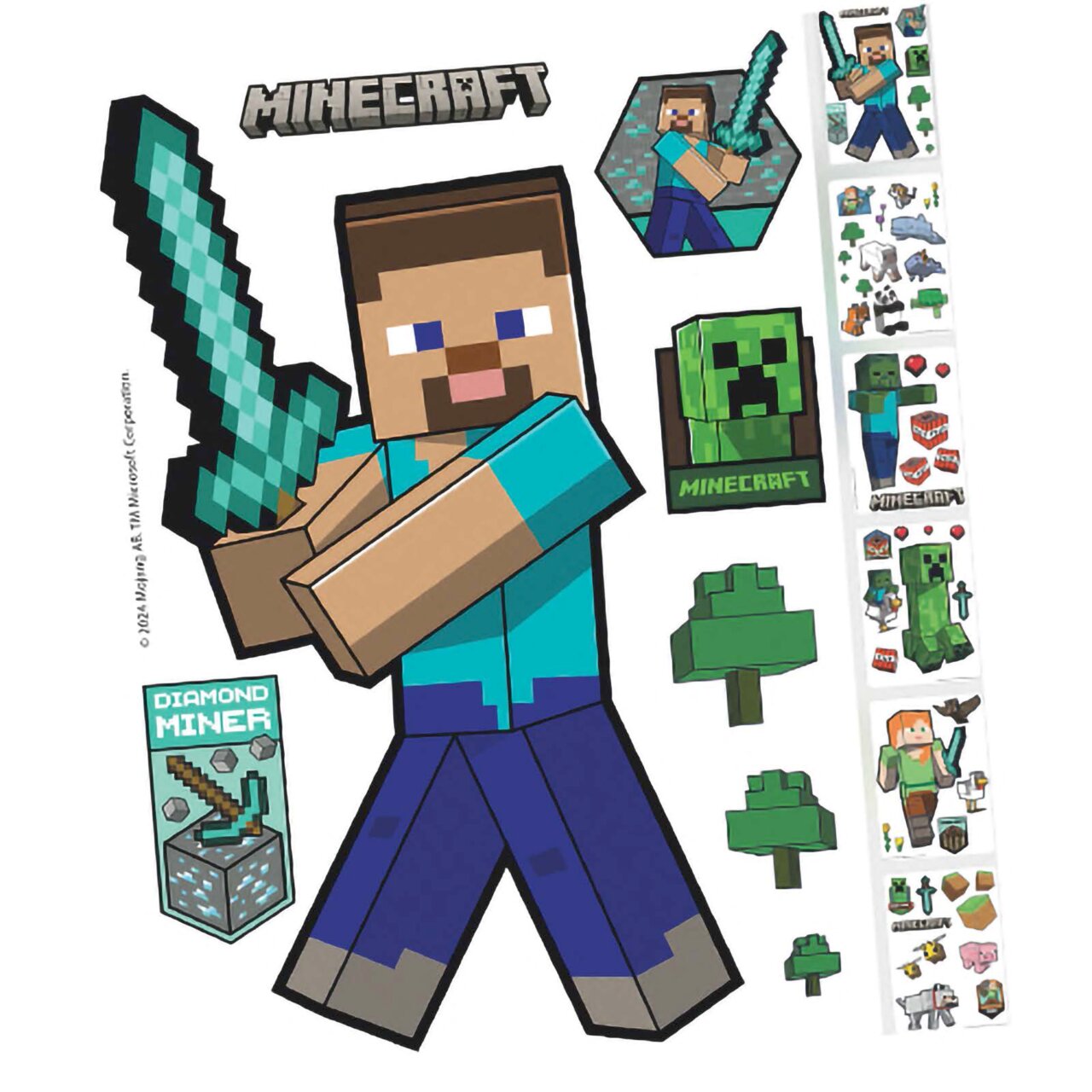 Minecraft Wandsticker-Set mit Steve und Diamantschwert sowie Creeper, Bäumen und weiteren Motiven, frontal in Draufsicht auf weißem Hintergrund