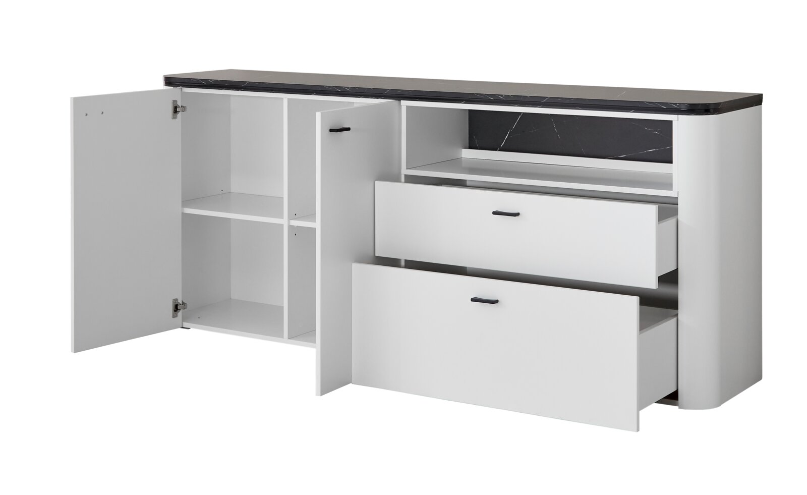 Weißes Sideboard mit schwarzer Marmorplatte, zwei offenen Schubladen und einer geöffneten Tür, seitliche Perspektive.