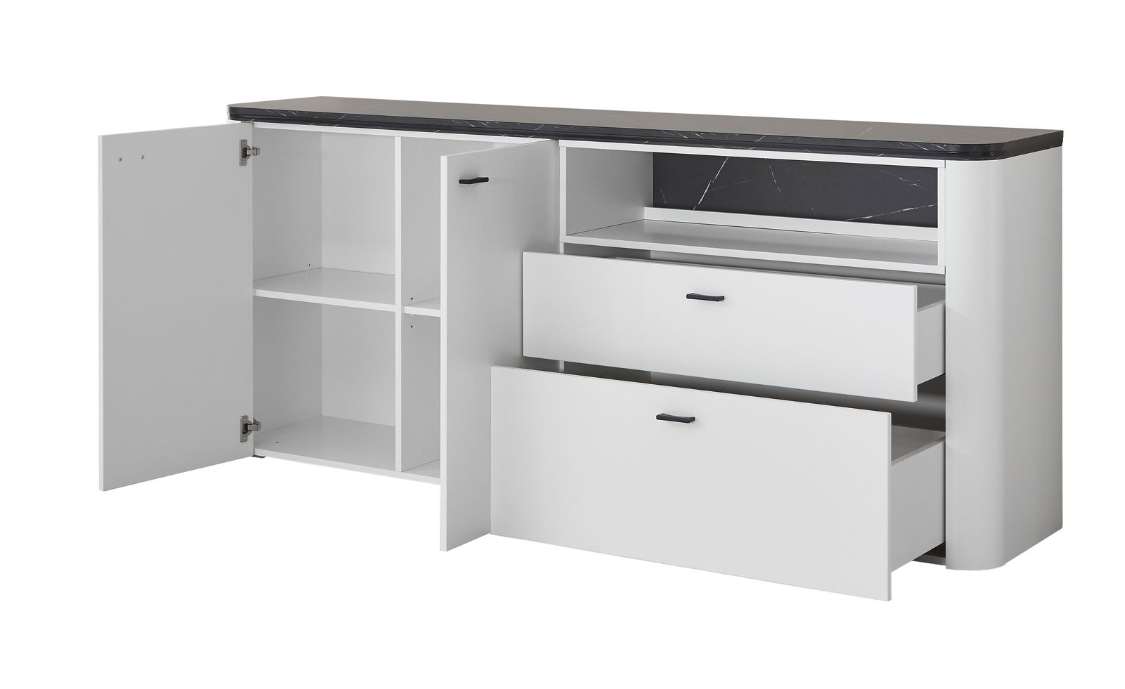 Weißes Sideboard mit schwarzer Marmorplatte, zwei offenen Schubladen und einer geöffneten Tür, seitliche Perspektive.