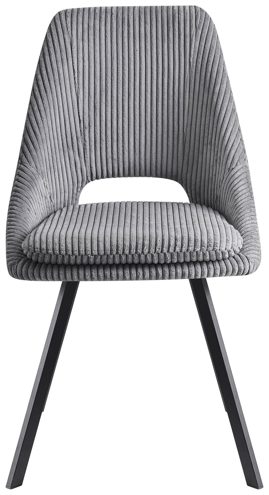 Grauer, moderner Stuhl mit geripptem Stoffbezug, Vorderansicht