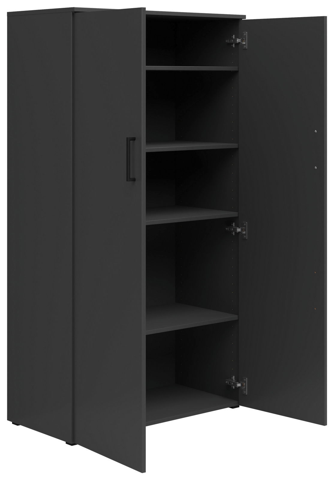 Schwarzer Mehrzweckschrank mit geöffneter Tür, fünf Einlegeböden sichtbar, Perspektive von vorne links