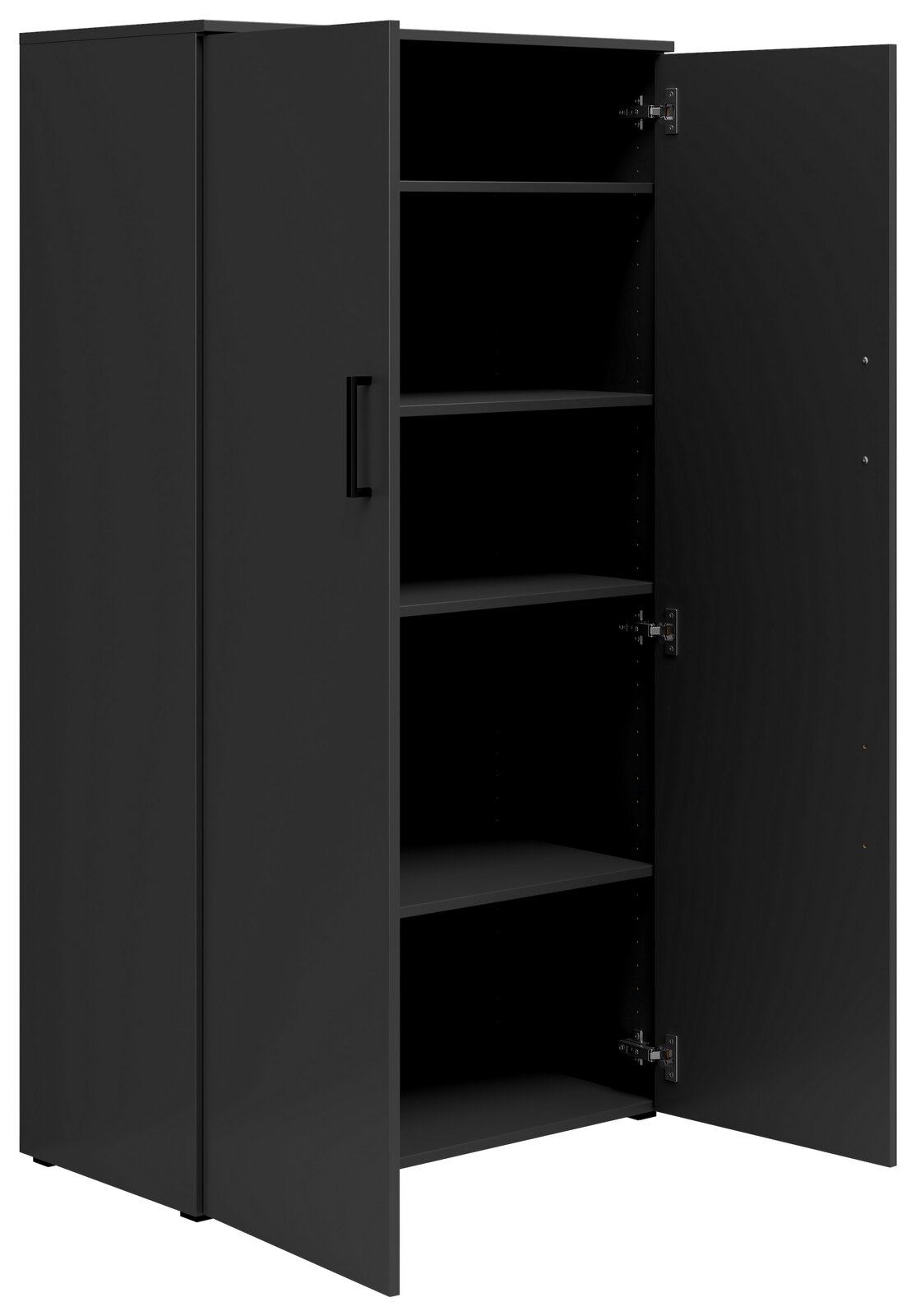 Schwarzer Mehrzweckschrank mit geöffneter Tür, fünf Einlegeböden sichtbar, Perspektive von vorne links