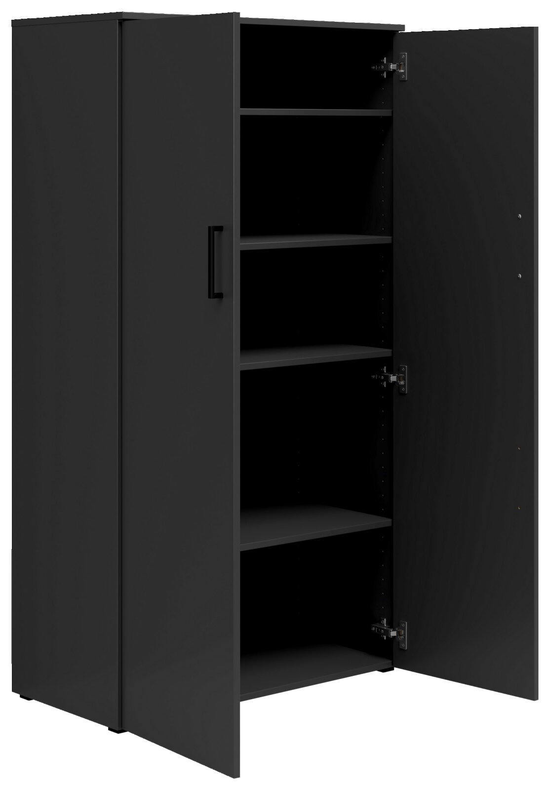 Schwarzer Mehrzweckschrank mit geöffneter Tür, fünf Einlegeböden sichtbar, Perspektive von vorne links