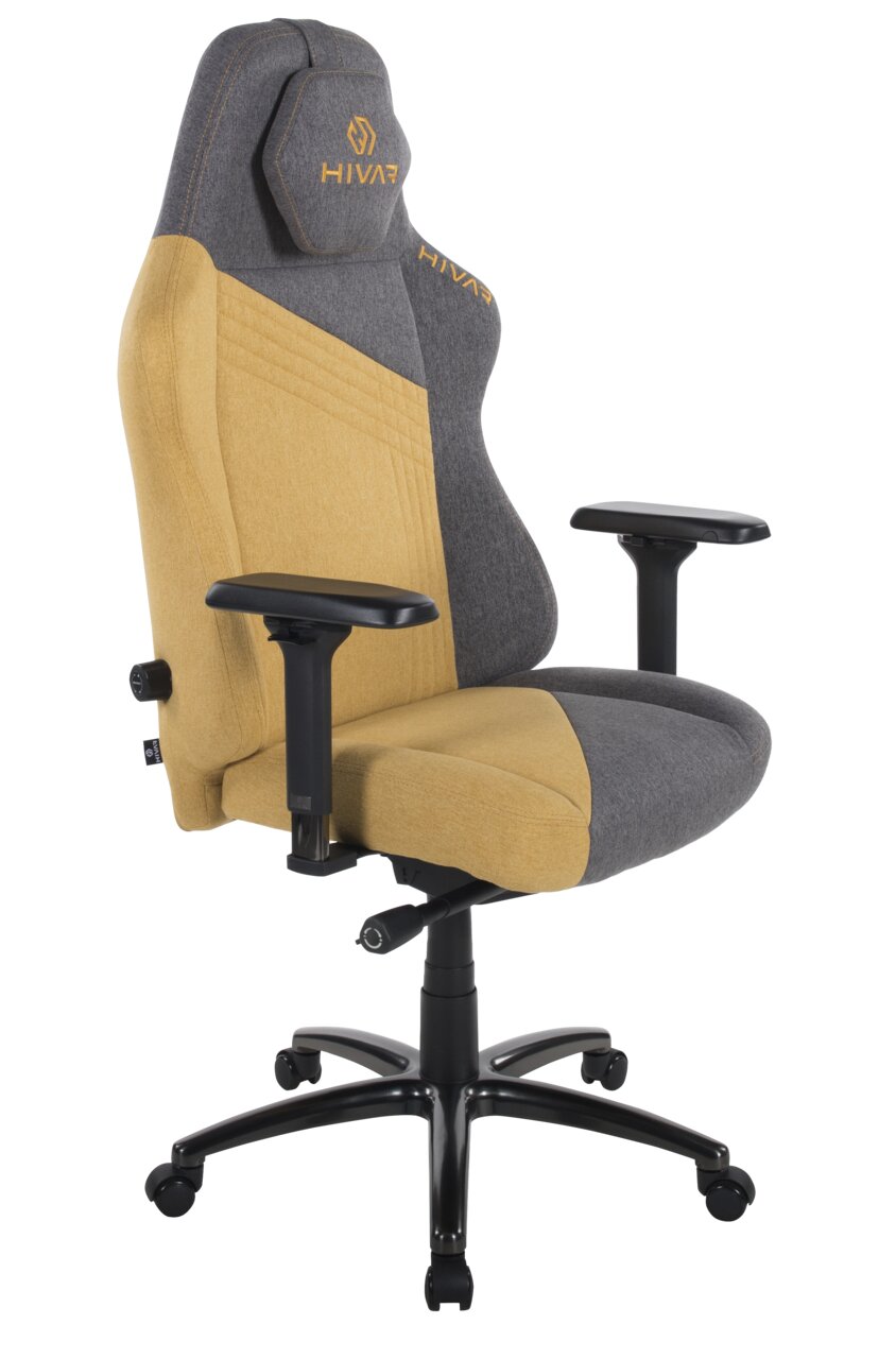 HIVAR Gaming Stuhl SKYLAR XL Gaming Stuhl in Seitenansicht mit grauem und gelbem Stoffbezug, verstellbaren Armlehnen und stabiler schwarzer Basis.