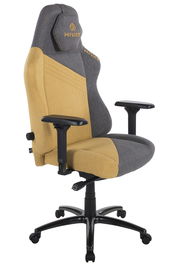 Gaming Stuhl in Seitenansicht mit grauem und gelbem Stoffbezug, verstellbaren Armlehnen und stabiler schwarzer Basis.