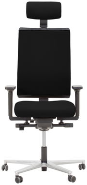 Schwarzer Drehstuhl mit Kopfstütze, Armlehnen und verstellbarem Sitz, Vorderansicht