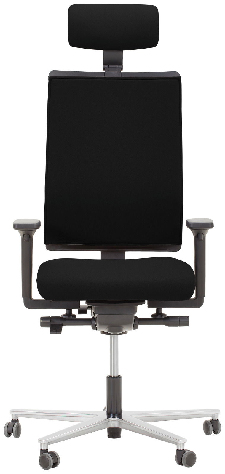 Schwarzer Drehstuhl mit Kopfstütze, Armlehnen und verstellbarem Sitz, Vorderansicht