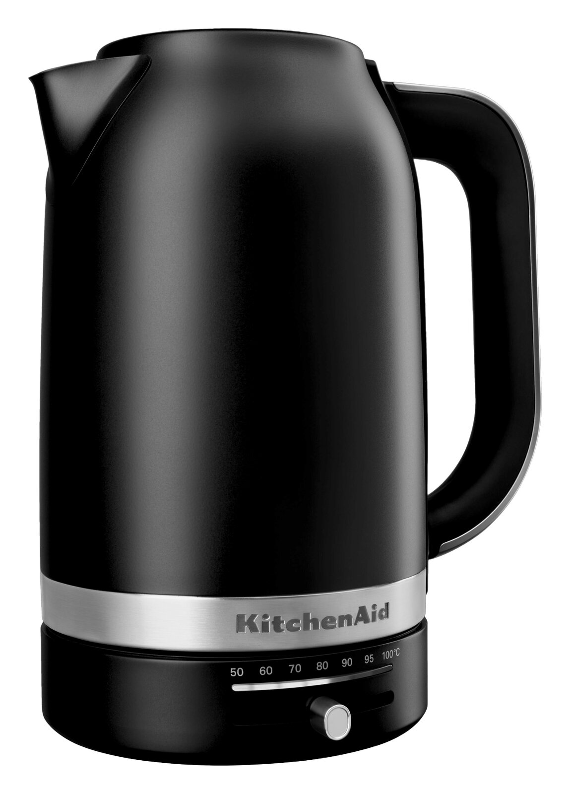 Schwarzer KitchenAid Wasserkocher mit Temperaturwahl (50–100 °C) und Edelstahlring, freigestellt auf weißem Hintergrund, Frontansicht leicht von links