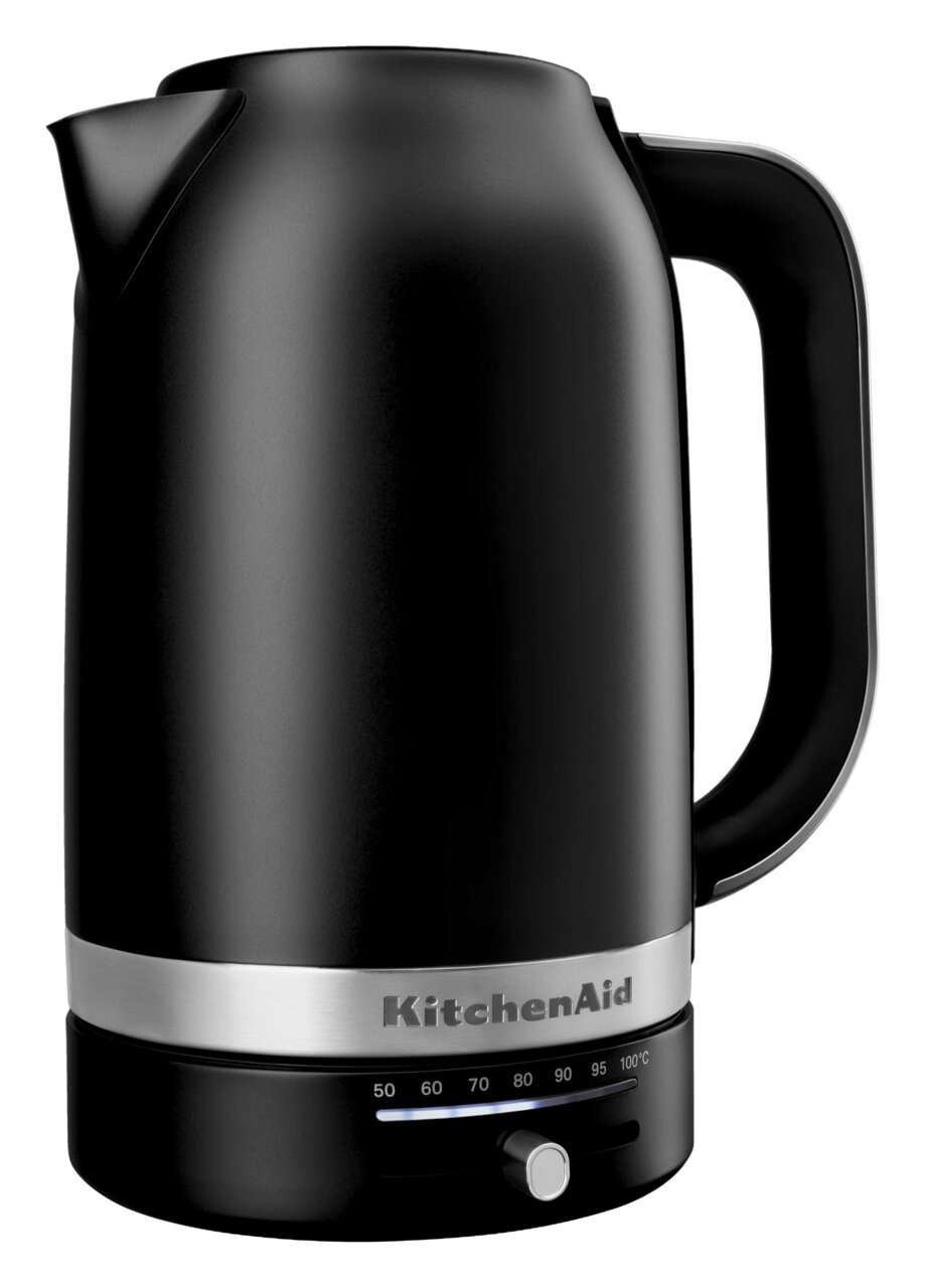 KitchenAid Wasserkocher Schwarzer KitchenAid Wasserkocher mit Temperaturwahl (50–100 °C) und Edelstahlring, freigestellt auf weißem Hintergrund, Frontansicht leicht von links