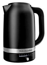 Zwarte KitchenAid-waterkoker met temperatuurinstelling (50–100 °C) en roestvrijstalen ring, vrijstaand op een witte achtergrond, vooraanzicht licht van links