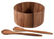 Salatschüssel-Set aus Akazienholz mit einer großen Schüssel und zwei Salatbestecken, seitliche Perspektive