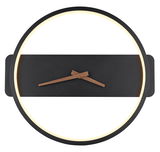 Moderne Wanduhr SUSSY mit schwarzem Zifferblatt und Holzzeigern, umgeben von einem leuchtenden Ring, frontal abgebildet.