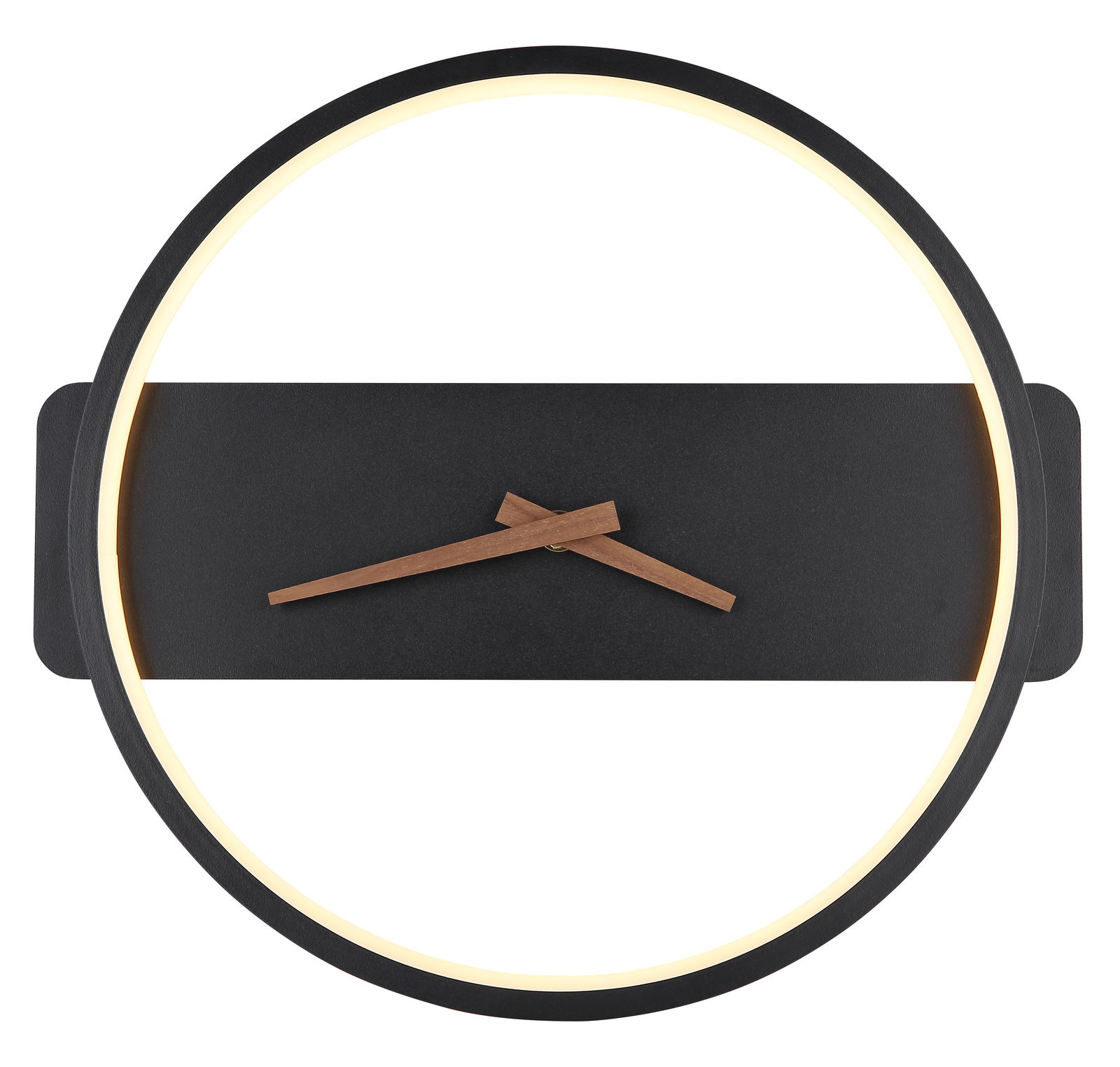 Moderne Wanduhr SUSSY mit schwarzem Zifferblatt und Holzzeigern, umgeben von einem leuchtenden Ring, frontal abgebildet.