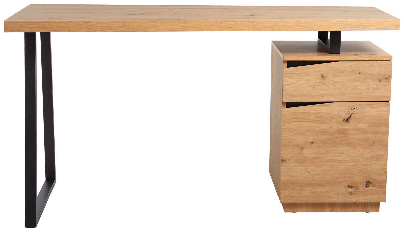 Moderner Schreibtisch aus Holz mit Metallbeinen, seitliche Perspektive