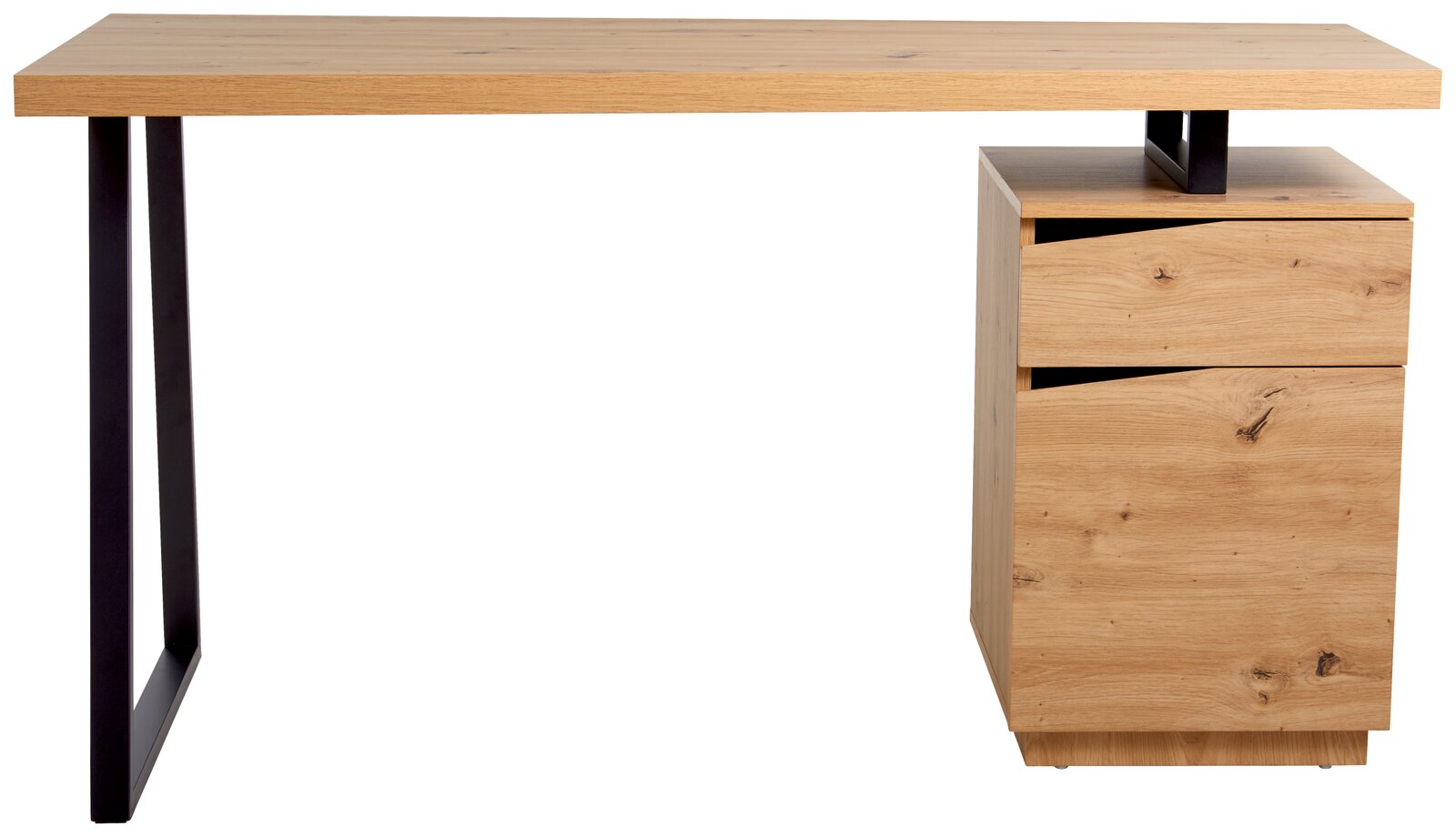 Moderner Schreibtisch aus Holz mit Metallbeinen, seitliche Perspektive