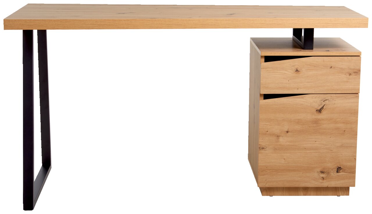 Moderner Schreibtisch aus Holz mit Metallbeinen, seitliche Perspektive