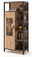 Hohes Highboard aus Holz mit schwarzem Metallrahmen, mehreren Regalböden und einer Glastür, seitliche Perspektive