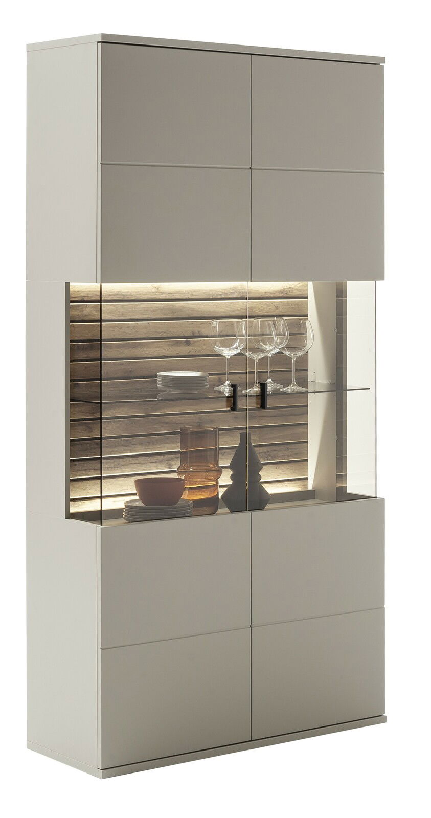 Moderne Kombi-Vitrine mit Glasfront und integrierter Beleuchtung, seitliche Perspektive