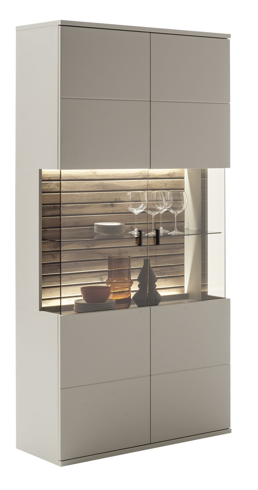 Moderne Kombi-Vitrine mit Glasfront und integrierter Beleuchtung, seitliche Perspektive