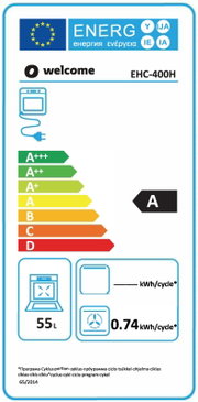 EU-energielabel voor Welcome EHC-400H oven, energieklasse A, 55 L inhoud en 0,74 kWh per cyclus; frontaal aanzicht.