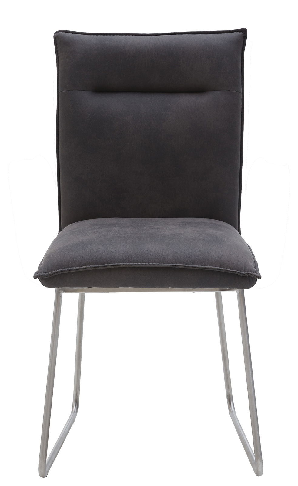 Moderner Stuhl mit grauem Polster und Metallbeinen, Frontalansicht