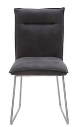 Moderner Stuhl mit grauem Polster und Metallbeinen, Frontalansicht
