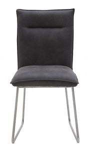 Moderner Stuhl mit grauem Polster und Metallbeinen, Frontalansicht