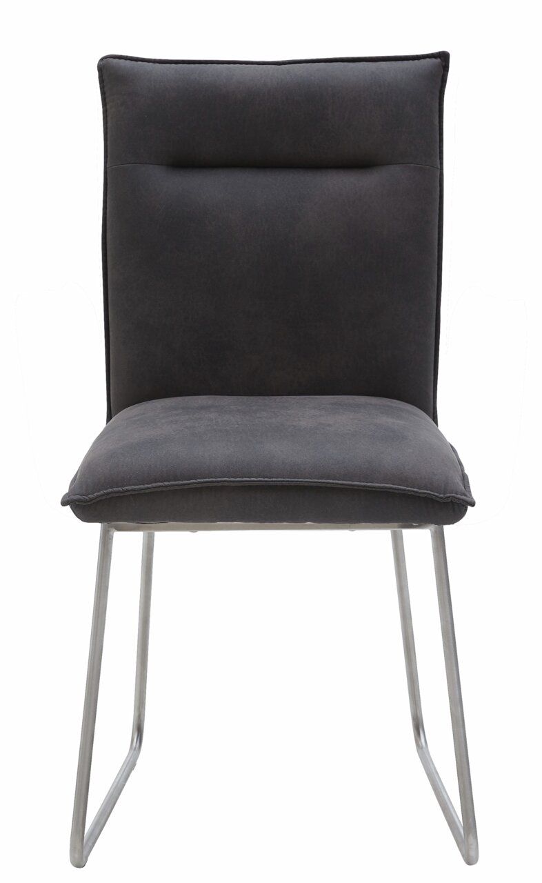 Moderner Stuhl mit grauem Polster und Metallbeinen, Frontalansicht