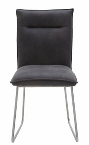 Moderner Stuhl mit grauem Polster und Metallbeinen, Frontalansicht