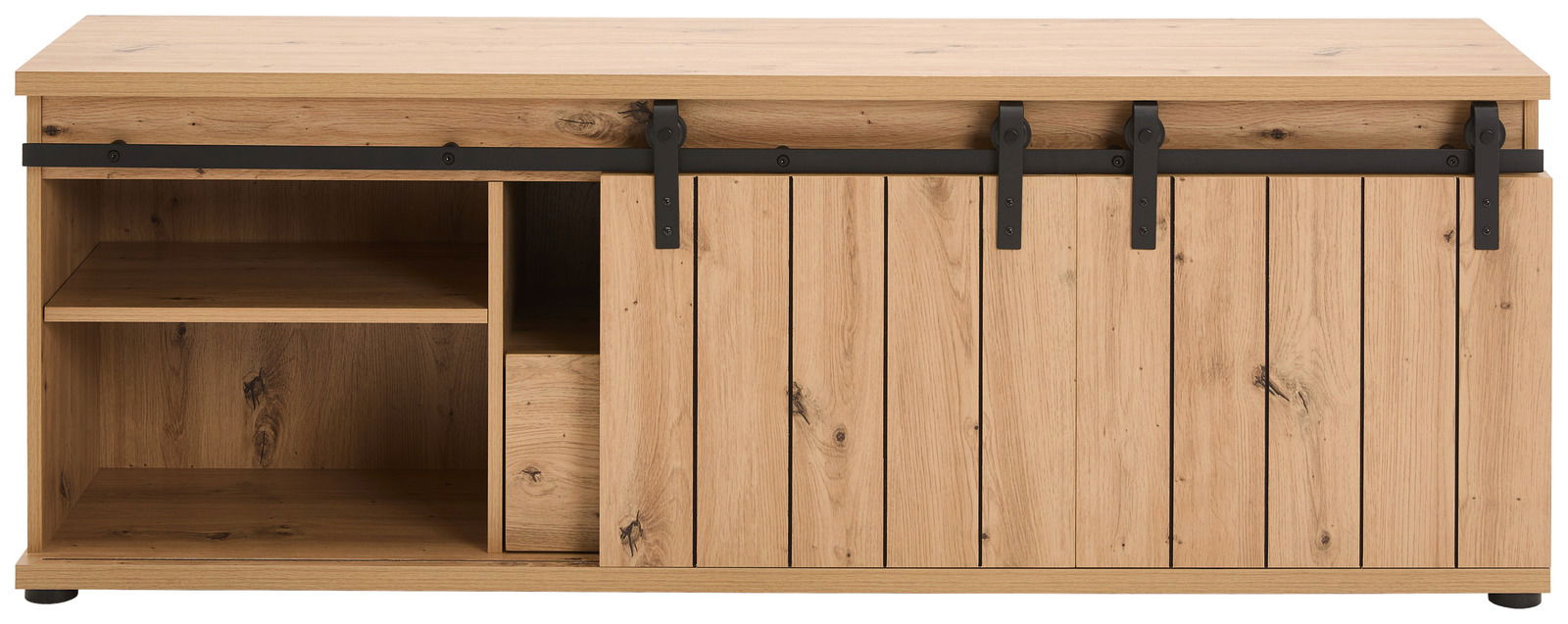 Frontale Ansicht eines Lowboards aus Holz mit Schiebetüren und schwarzer Metallführung.