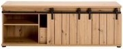 Frontale Ansicht eines Lowboards aus Holz mit Schiebetüren und schwarzer Metallführung.