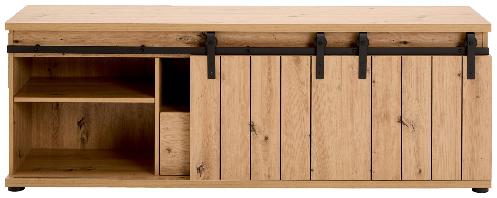 Frontale Ansicht eines Lowboards aus Holz mit Schiebetüren und schwarzer Metallführung.