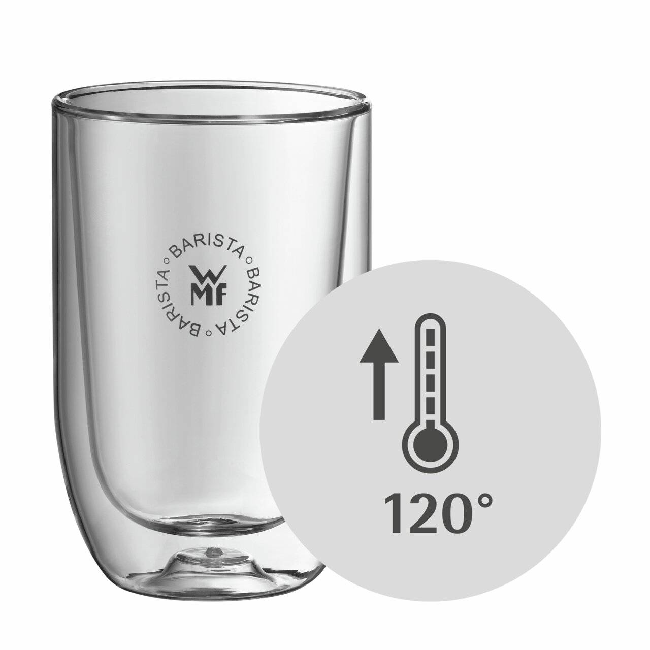 WMF Barista Latte Macchiato Glas, hitzebeständig bis 120 Grad, seitliche Ansicht