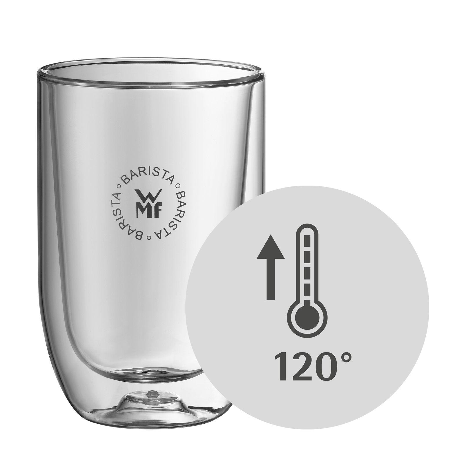 WMF Barista Latte Macchiato Glas, hitzebeständig bis 120 Grad, seitliche Ansicht