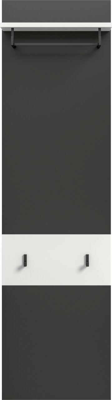 Minimalistischer Garderobenschrank in Anthrazit mit weißer Frontblende und zwei schwarzen Haken, frontal von vorne aufgenommen