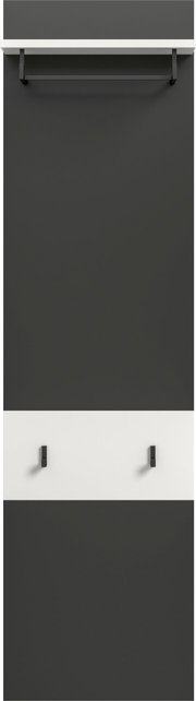 Minimalistischer Garderobenschrank in Anthrazit mit weißer Frontblende und zwei schwarzen Haken, frontal von vorne aufgenommen