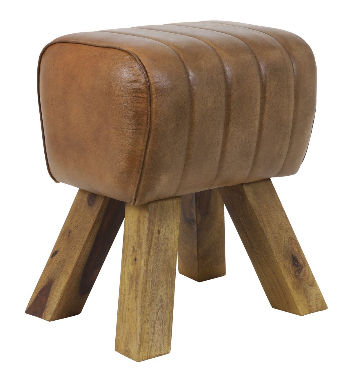 Hocker aus braunem Leder mit stabilen Holzbeinen, seitliche Perspektive