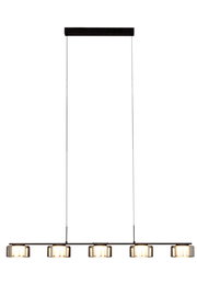 Moderne LED-Hängeleuchte mit fünf leuchtenden Elementen in einer geraden Linie, seitliche Perspektive.